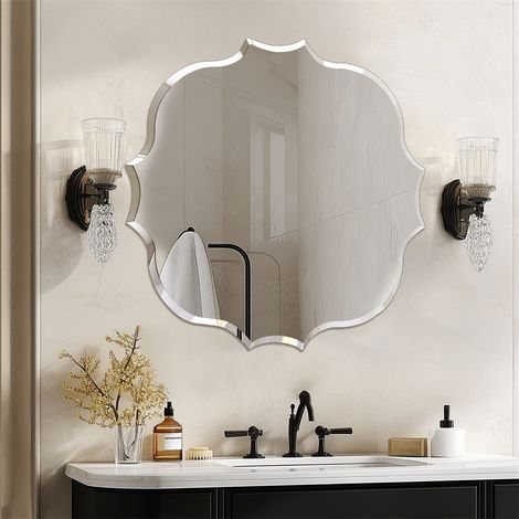 Espejo de Baño de Pared Biselado Decorativo sin Marco, Espejo Minimalista Ovalado de Vidrio Plateado para Comedor Salón Entrada Pasillo, 80x80 cm