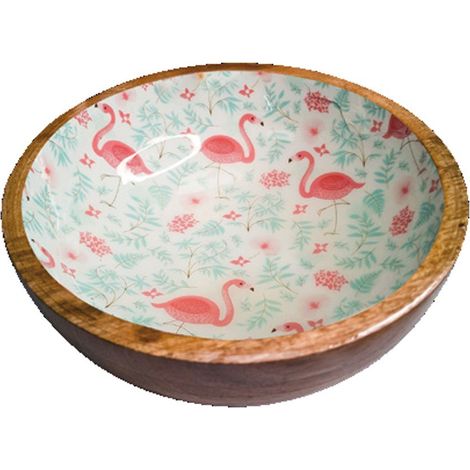 Ciotola in acciaio e legno Mango Decal con fantasia fenicotteri per cani e gatti: ciotola 15 cm