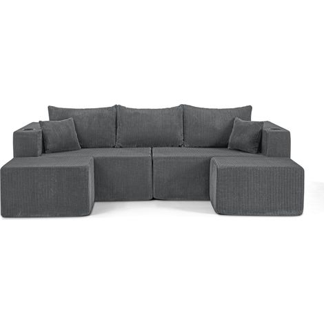 Sofá esquinero modular de 3 plazas en tejido chenilla gris con 2 pufs (1/5)