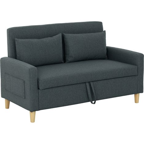 Divano 2 Posti con Spazio Portaoggetti e Cuscini, in Tessuto Effetto Lino e Legno, 135x72x84 cm, Grigio Carbone (1/5)