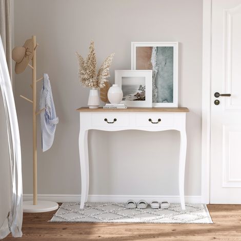 Mesa de Consola con 2 Cajones Diseño de Retro para Entrada Pasillo Sala de Estar Dormitorio Pino 87x34x78,5 cm Blanco (1/5)