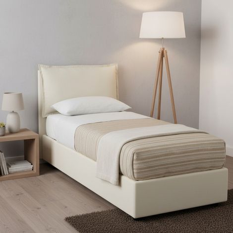 Talamo Italia Letto singolo Gemma, Letto contenitore con rivestimento in tessuto, 100% Made in Italy, Apertura frontale, adatto per materasso Cm 80x200, Beige, con imballo rinforzato (1/5)