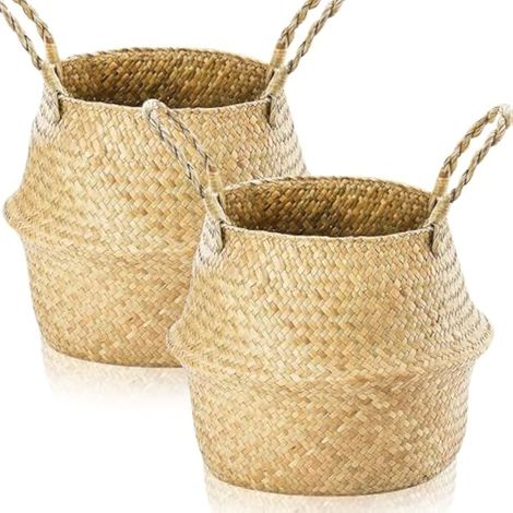 Lot de 2 pot de fleur interieur panier osier tissés en jonc de mer avec poignée,pot de fleur corbeille a linge panier de rangement rond pour étagères(XL 36 × 32 cm) (1/4)