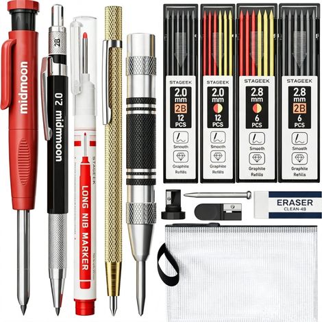 Crayon chantier 14 pcs crayons mécaniques avec taille crayon automatique, 38 recharges, pointe carbure, marqueur profond et gomme pour la construction professionnelle