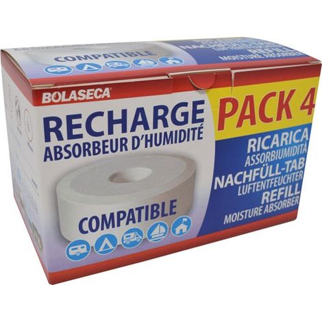 Recharge absorbeur d'humidité 4 fois 425g – Compatible avec appareils jusqu'à 500g – Efficace pour espaces moyens – Galets rapides – Bolaseca