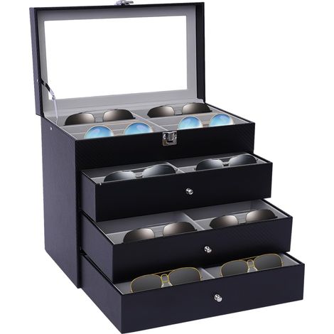 Boîte de rangement pour lunettes - Organiseur - En cuir synthétique - 4 couches - 24 compartiments - Pour ranger les lunettes de soleil (1/5)