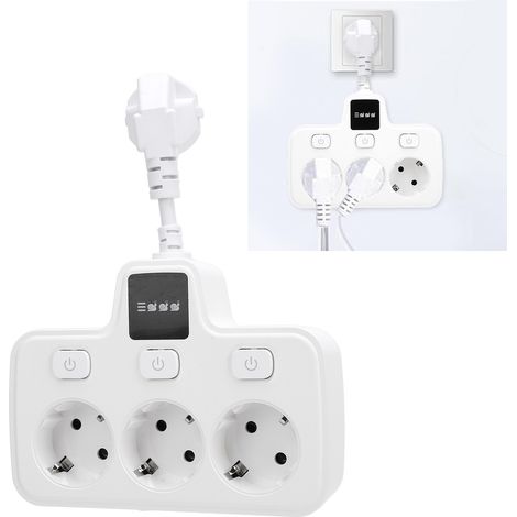 Mehrfachsteckdose mit unabhängigen Schaltern - 3 AC 2-polige Steckdosen mit 0,1 m Kabel - Flammhemmendes PC-Material, weiß (308 g) (1/5)