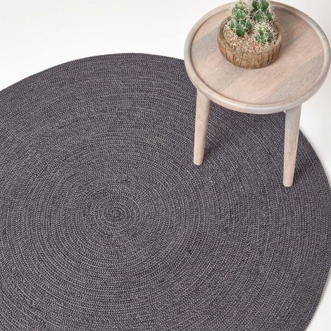HOMESCAPES Geflochtener handgewebter Teppich in grau und schwarz, 120 cm rund