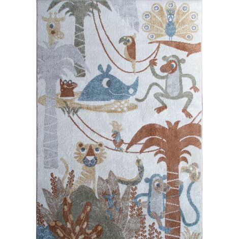 TABLO JUNGLE - Tapis enfant lavable motif jungle gris jaune 100x150 (1/5)