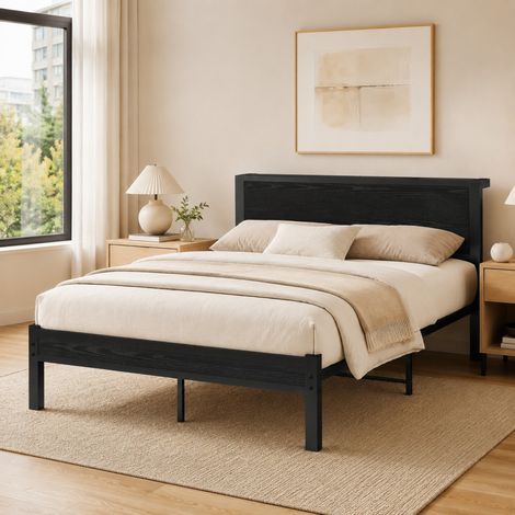 Cama 120x200 cm de metal y MDF con cabecero y almacenaje bajo la cama, negra DESVIAE (1/5)