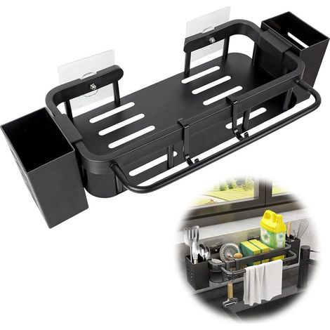 Spülbecken Organizer Hängend - Schwammhalter Küche Edelstahl Mit Klebstoff, Kein Bohren Spüle Organizer, Spülbecken Organizer Wand mit Stäbchenhaltern, Handtuchhalter und Haken