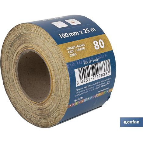COFAN rollo lija de papel 100 x 25 m. g.80 , Rollo de lija de papel Amarillo con medida de 100mm de ancho x 25 metros de longitud. Granos desde 60 hasta 180.