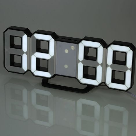 GROOFOO Horloge murale numérique à LED, luminosité réglable, lumière blanche, lumière blanche en coquille noire, réveil en coquille noire grande horloge température horloge cadre blanc lumière blanche (1/5)