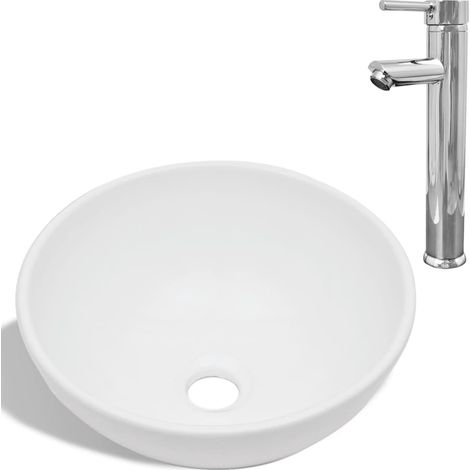 Lavabo de salle de bain avec mitigeur Céramique Rond Blanc (1/5)