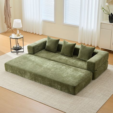 Canapé convertible 3 places, canapé droit, 3 coussins, combinaison libre modulable, tissu chenille, 198×79×60cm, vert