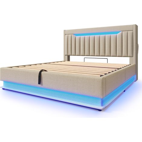Letto matrimoniale imbottito 140x200 cm con LED, contenitori e porte USB-C, beige in lino HOMVRA (1/5)