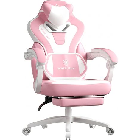 Fauteuil gaming ergonomique rose/blanc, repose-pieds, dossier inclinable 90-145°, coussin lombaire (1/5)