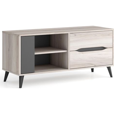 Skraut Home - Mobile TV 110, 2 cassetti + 1 porta, soggiorno, Modello KAI, colore Rovere, Grigio, 113x40x52 cm altezza. (1/5)
