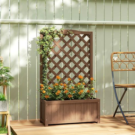 Jardinière avec treillis. bac à fleurs. pour plantes grimpantes. légumes. fleurs. en bois massif. 70x28x117cm café foncé