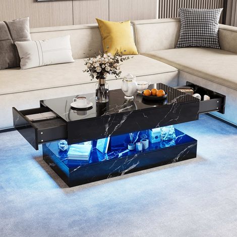 Table Basse Rectangulaire Effet Marbre Noir Brillant LED RGB, 2 Tiroirs Coulissants, 4 Espaces de Rangement,Style Moderne pour Salon (1/5)