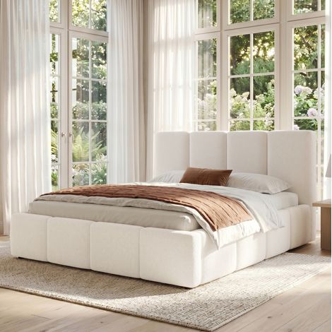 Letto matrimoniale imbottito bouclé beige 180x200 cm con testiera trapuntata e rete a doghe