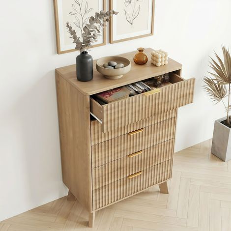 Massivholz-Kommode mit 5 Schubladen – Standschrank 73x40x108 cm im Landhausstil mit Metallgriffen – Natur