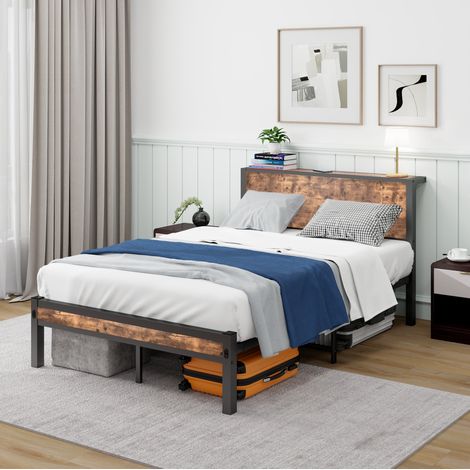 Einzelbett 120x200 cm antikbraun aus MDF und Metall mit Stauraum-Kopfteil und 27 cm Bettkastenfreiheit (1/5)