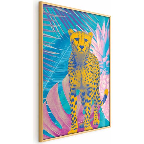 Exotisches Leopardenposter – Farbenfrohes Porträt eines Geparden vor tropischem Blätterhintergrund (1/4)