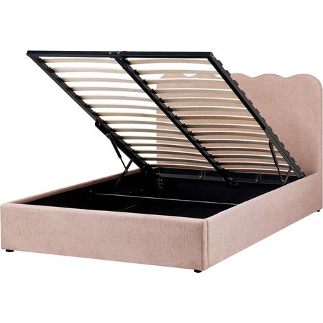 Bed Frame Pastel Pink Fabric Upholstery EU Double Size 4ft6 Lift Up Storage with Headboard and Slatted Base NANTERRE (1/5)