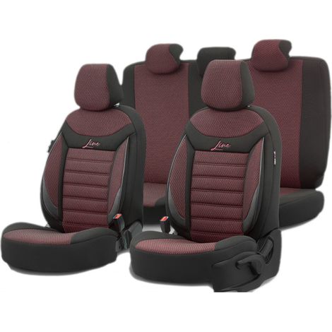 Komplettset Luxus-Sitzbezüge OTOM, Textil mit Kunstleder, SPORT LINE-Design – Schwarz mit roter Naht, für Vorder- und Rücksitze