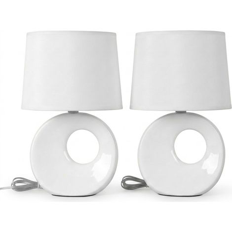 Coppia Abat Jour Camera da Letto Set 2 Lumetti Comodino Ceramica Bianca e Paralume in Tessuto Moderni Lampade da Tavolo Attacco Piccolo E14 Max 40W Altezza 27cm per Soggiorno camerette eleganti (1/5)