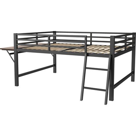 Lit mezzanine en métal 140 x 200 cm noir avec échelle, garde-corps, bureau pliable et éclairage LED (1/5)
