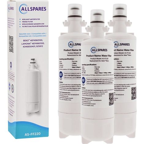 Filtro de agua AllSpares (3 unidades) para frigorífico compatible con LG Beko 874960100 (1/4)