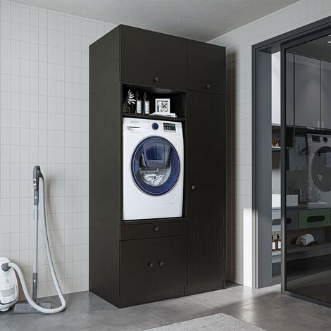Roomart S1 Waschmaschinen-Schrankwand 112 cm, Schwarz-Eiche