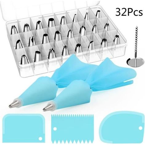 Poche Douille En Acier Inoxydable DIY Kits Réutilisable 32 Pcs Pour Décoration De Gâteaux Crème Avec Des Sacs Pâtisserie (1/4)