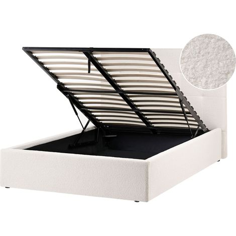 Ottoman Bed Off White Boucle Upholstery EU Small Double Size Headboard Storage Function Modern Design LORIENT