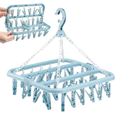 Trintion Foldable Sock Dryer with 32 Clips - Laundry Drying Hanger for Socks, Underwear, Bras, and Shoe Insoles - Space-Saving Washing Line Accessory, Windproof Hanging Rack for Clothes (Blue) (1/5)