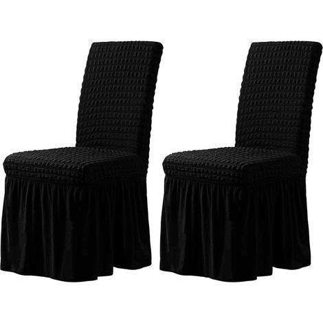 Housses de chaises de salle à manger élastiques, housses extensibles en seersucker avec jupes, housses de chaises pour les cérémonies de mariage à l'hôtel - Noir - Lot de 2 (1/5)
