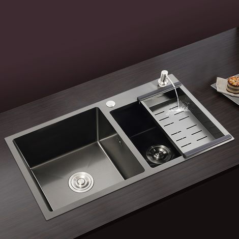 YISSALE – Évier de cuisine 2 bacs en acier inoxydable 304 – Nano-revêtement anti-corrosion – Design moderne noir – Distributeur de savon inclus (1/5)