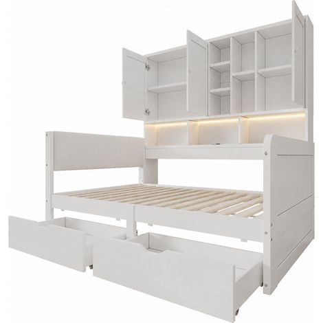 Cama infantil 90x200 con almacenaje, LED, puertos USB y cajones, cabecero acolchado PU, blanco (1/5)