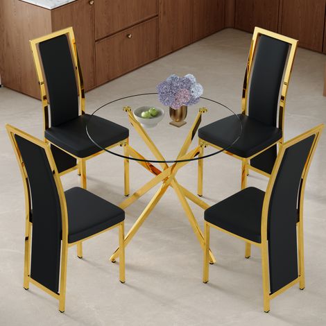 Set tavolo da pranzo con 4 sedie 88x88x75 cm, vetro temperato, seduta ergonomica, metallo e PU, nero oro trasparente (1/5)