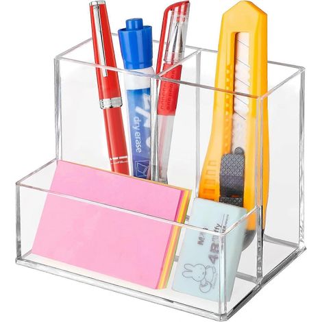 Porte-stylo en acrylique transparent, organiseur de bureau à 3 compartiments, rangement multifonctionnel pour bureau à domicile (1/4)
