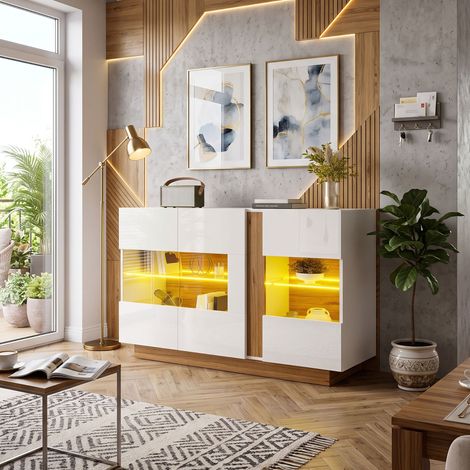 Creahappy Buffet Enfilade 120x38x80 cm - Grand Espace de Rangement LED Multicolore - Meuble Salon Moderne Laqué - Blanc et Chêne (1/5)