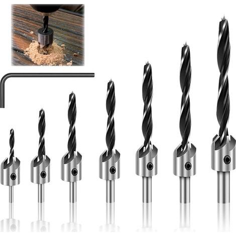 Lot de 7 Foret Bois avec Butée de Profondeur 3、4、5、6、7、8、10mm,Ensemble de Forets pour Travail du Bois, Conique avec Butée de Profondeur (1/5)