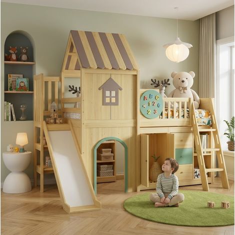 Cama alta infantil 90x200 cm natural y verde, con rampa, escalera y almacenaje (1/5)