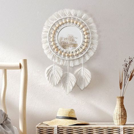 Macramé Miroir Muraux Suspendu avec Frange Rond Mural Miroir Décoratif Plume Pendentif Art Ornement pour Appartement Maison Chambre Salon (1/5)