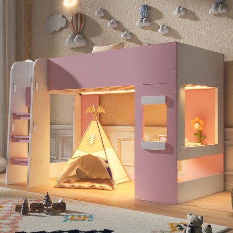 Hochbett 203.8x93.6x139 cm, mit LED Beleuchtung und kleinem Schreibtisch, Sicherheitsleiter, MDF, Pink (1/5)