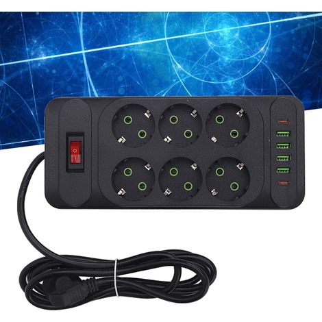 Europäische Wandsteckdosenleiste mit 2 m Kabel, schwarz, 6 USB-Anschlüsse und 2 USB-C-Anschlüsse, mit Schalter. (1/5)