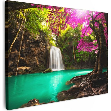 CUADRO EN LIENZO Cascada con flores y árboles de colores - Naturaleza - Selva Lienzo Modernos 80x60 cm