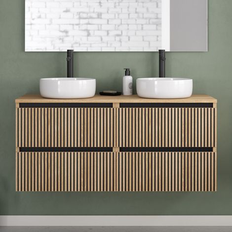 Meuble de salle de bain 140cm avec plateau et 2 vasques à poser rondes - 4 tiroirs - sans miroir - roble era (chêne clair) - VENERIA (1/5)